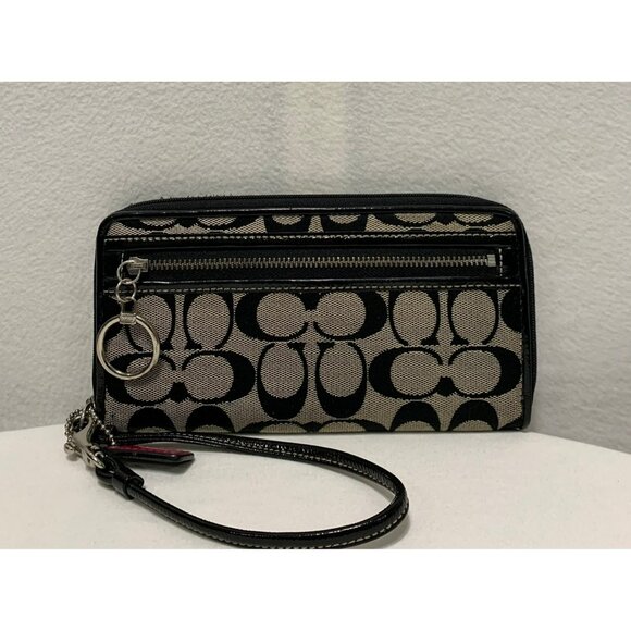 Coach Handbags - Coach Signature Canvas Patent Leather Zip Around Wallet Wristlet Black Silver